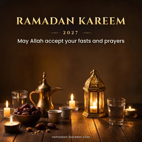 Ramadan Kareem 2027 – Iftar table with dates, Arabic coffee and a lantern